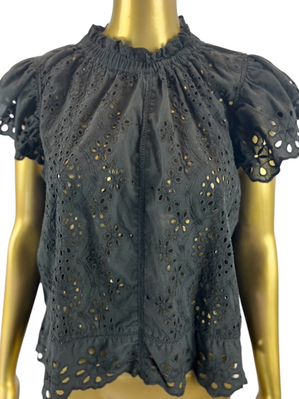 Jennifer & Grace Black Cotton Eyelet Top Size Large Boho Embroidered Lace Blouse